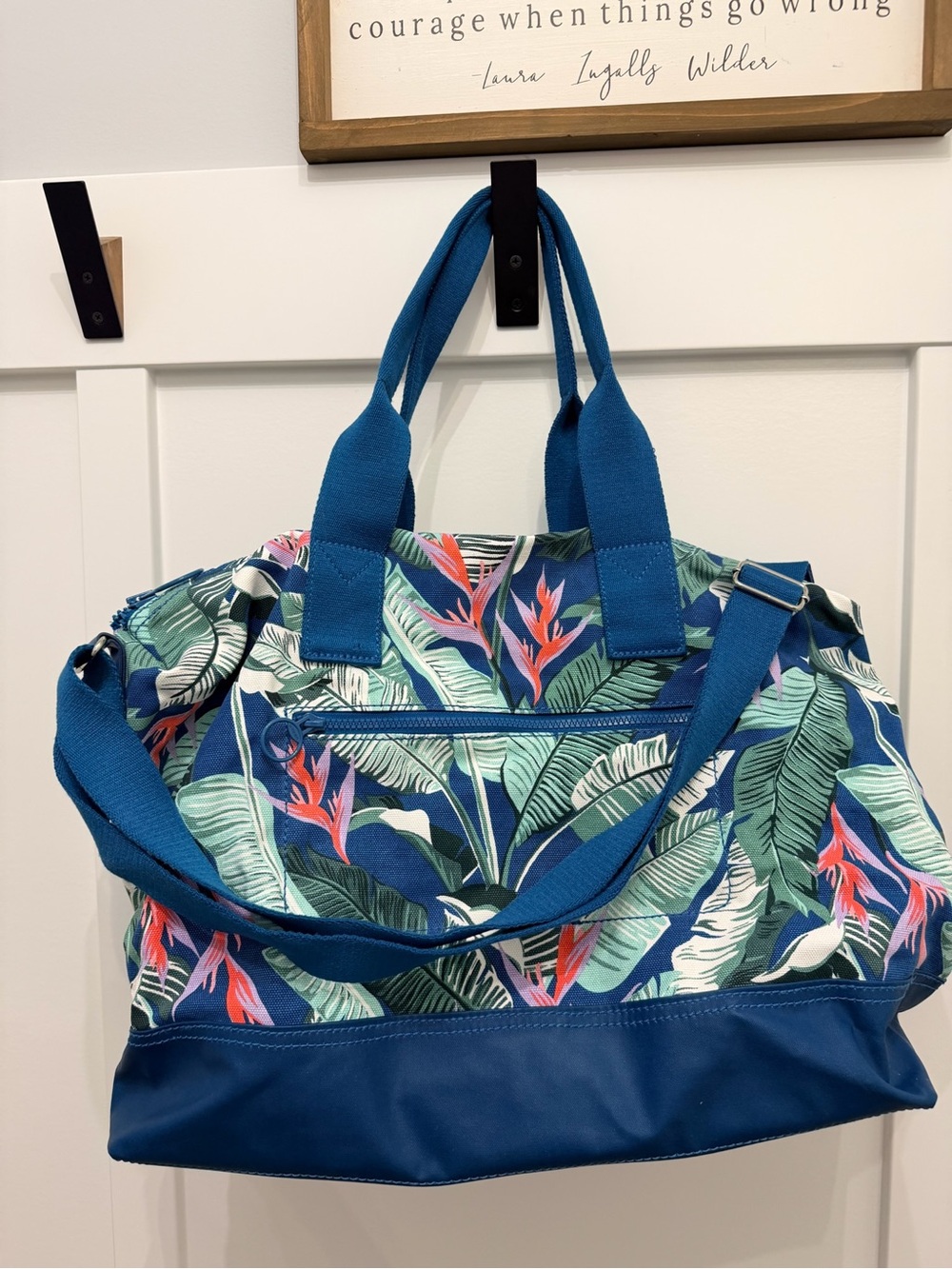 Tropical Leaf Canvas Weekender Bag in Teal Blue